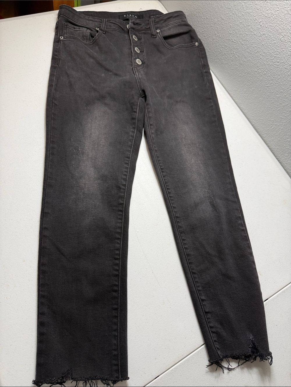 Women's High-Rise Straight Leg Jeans in Faded Black with Raw Hem